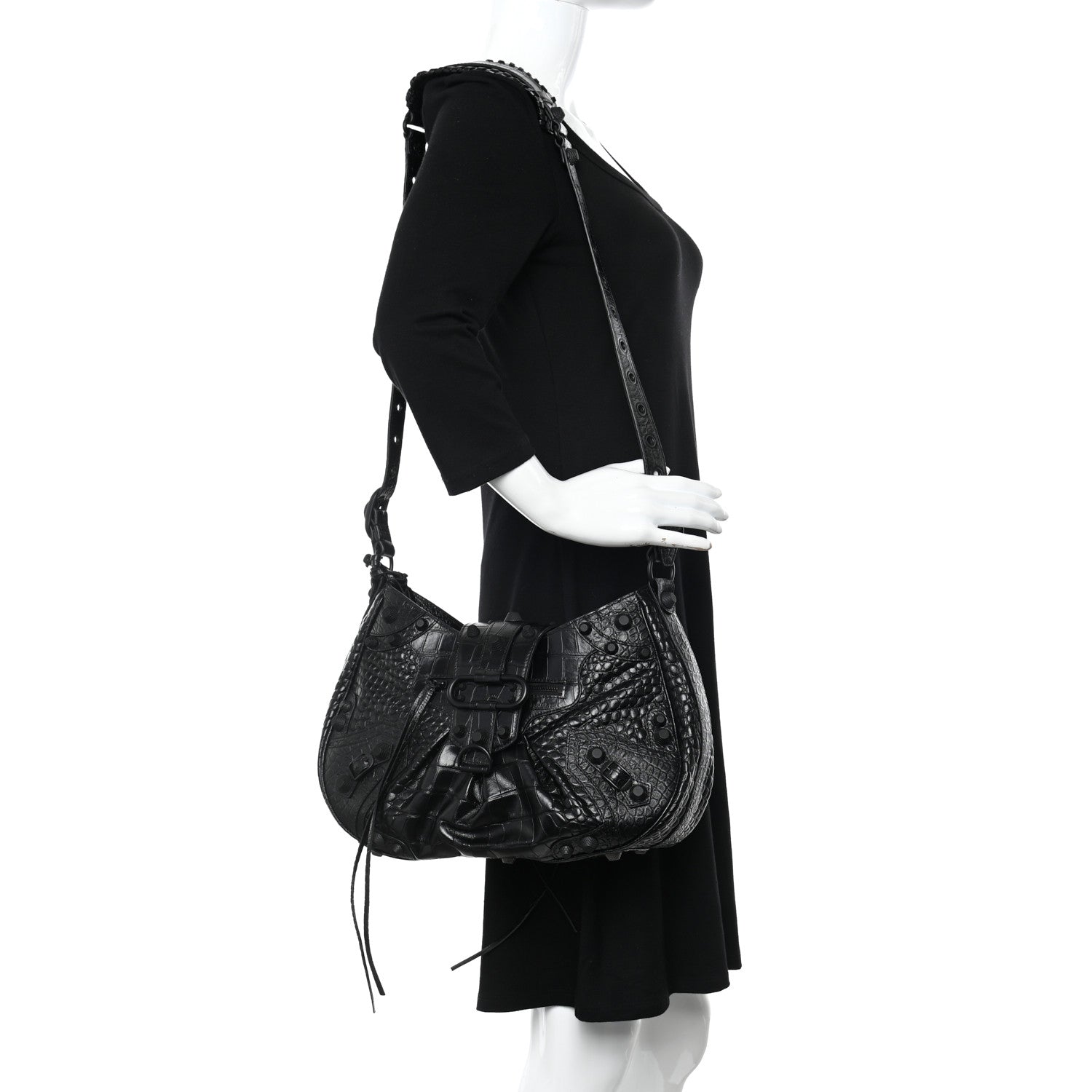 Balenciaga Extra Supple Calfskin Monochrome Crocodile Embossed Medium Le Cagole Shoulder Bag Black 2 of 9