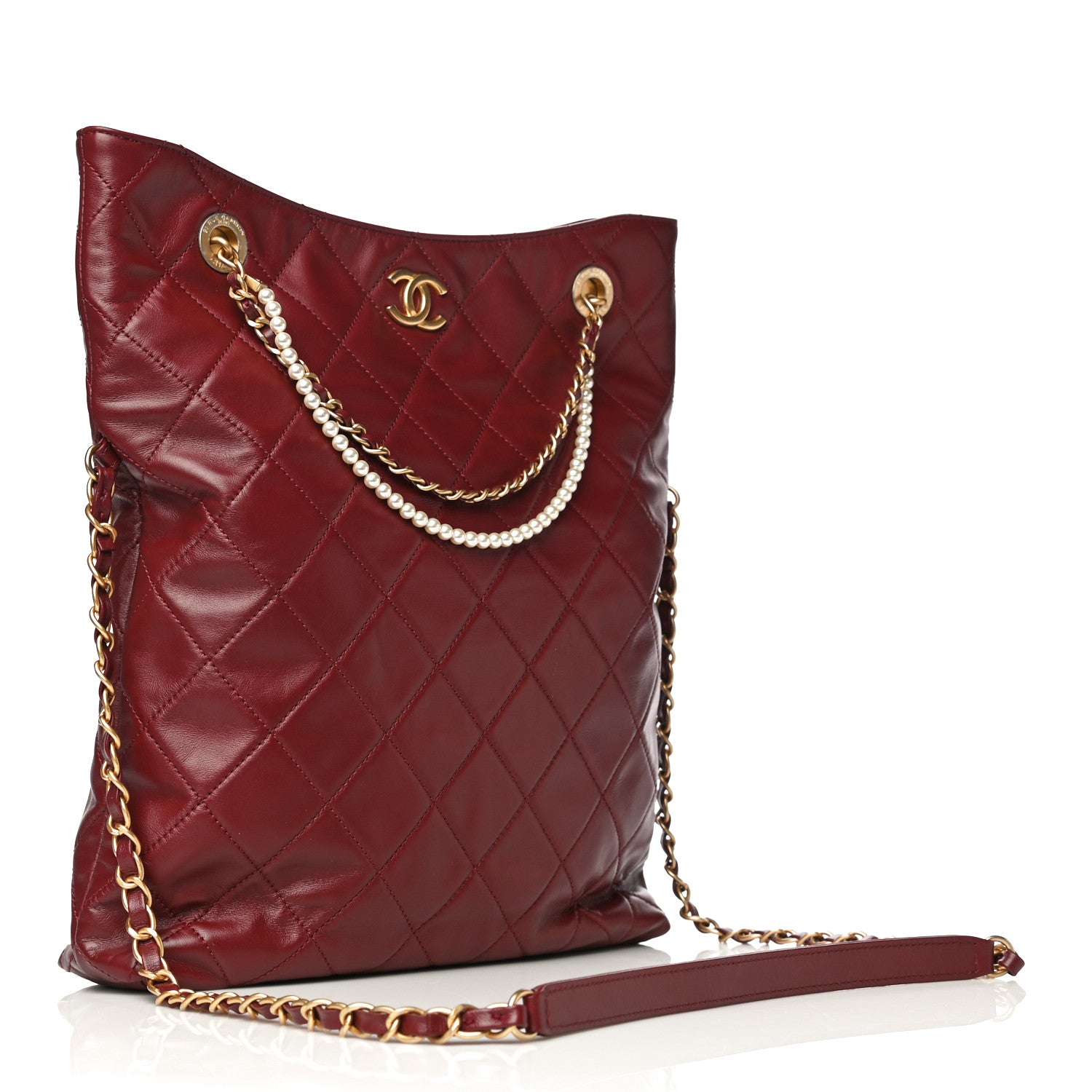 Chanel Calfskin Quilted Crystal Pearls Fold Over Shopping Tote Burgundy 4 of 14