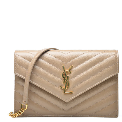 Saint Laurent Grain De Poudre Matelasse Chevron Monogram Envelope Chain Wallet Taupe 1 of 8