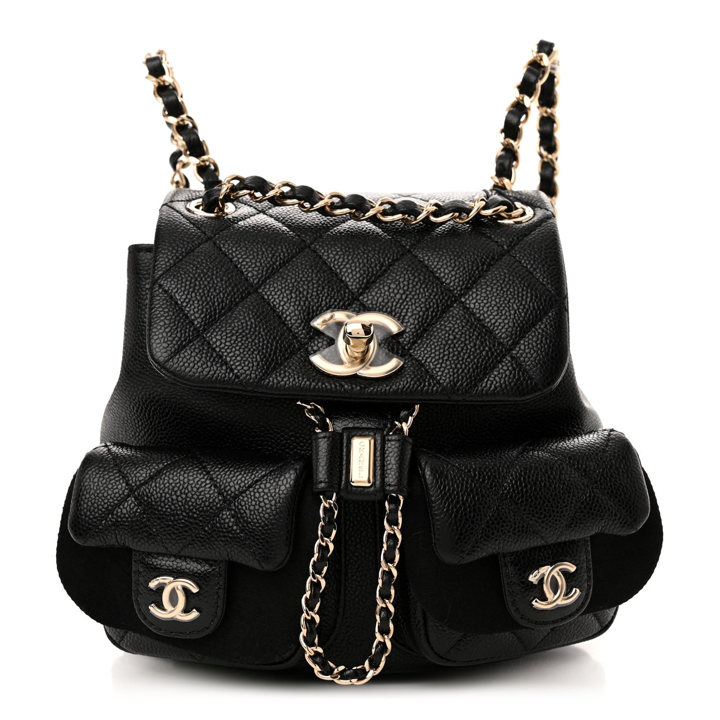 Shiny Caviar Quilted Small Duma Pockets Drawstring Backpack Black