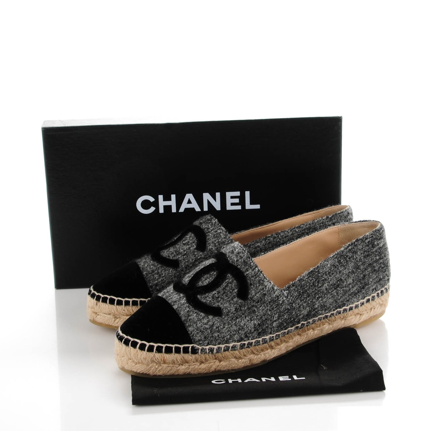 Chanel Velvet Tweed CC Espadrilles 39 Black Grey 9 of 9