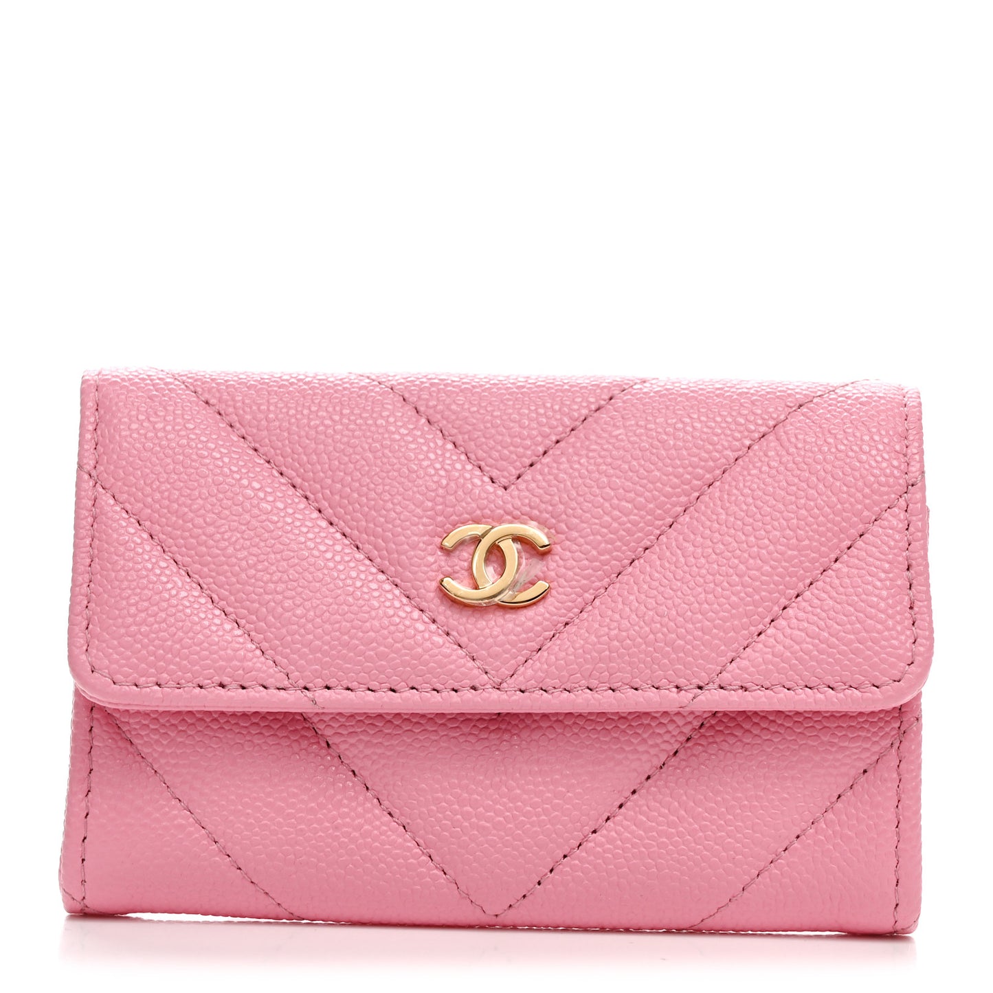 Shiny Caviar Chevron Quilted Flap Card Holder Pink