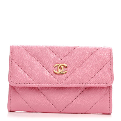 Chanel Shiny Caviar Chevron Quilted Flap Card Holder Pink 1 of 9