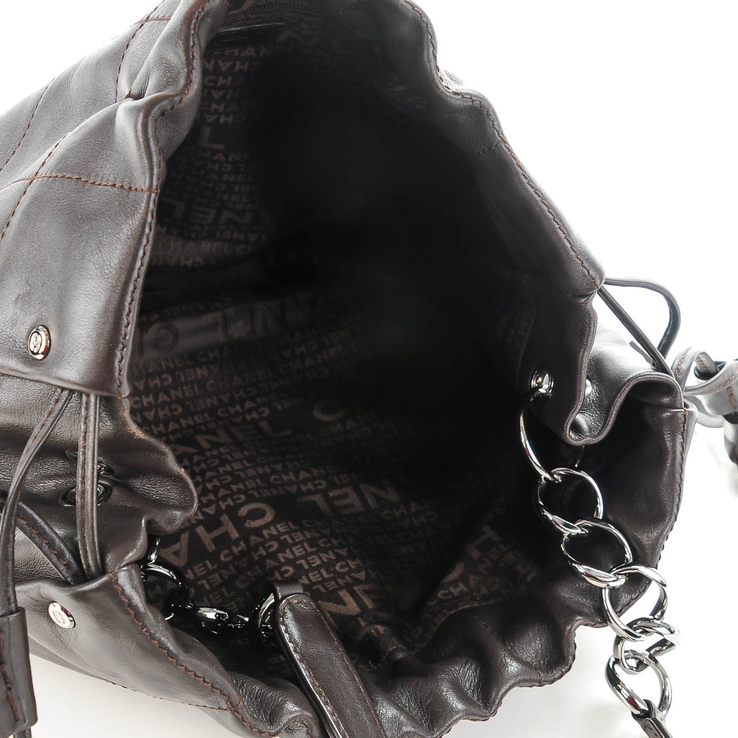 Calfskin Square Stitch Drawstring Shoulder Bag Brown