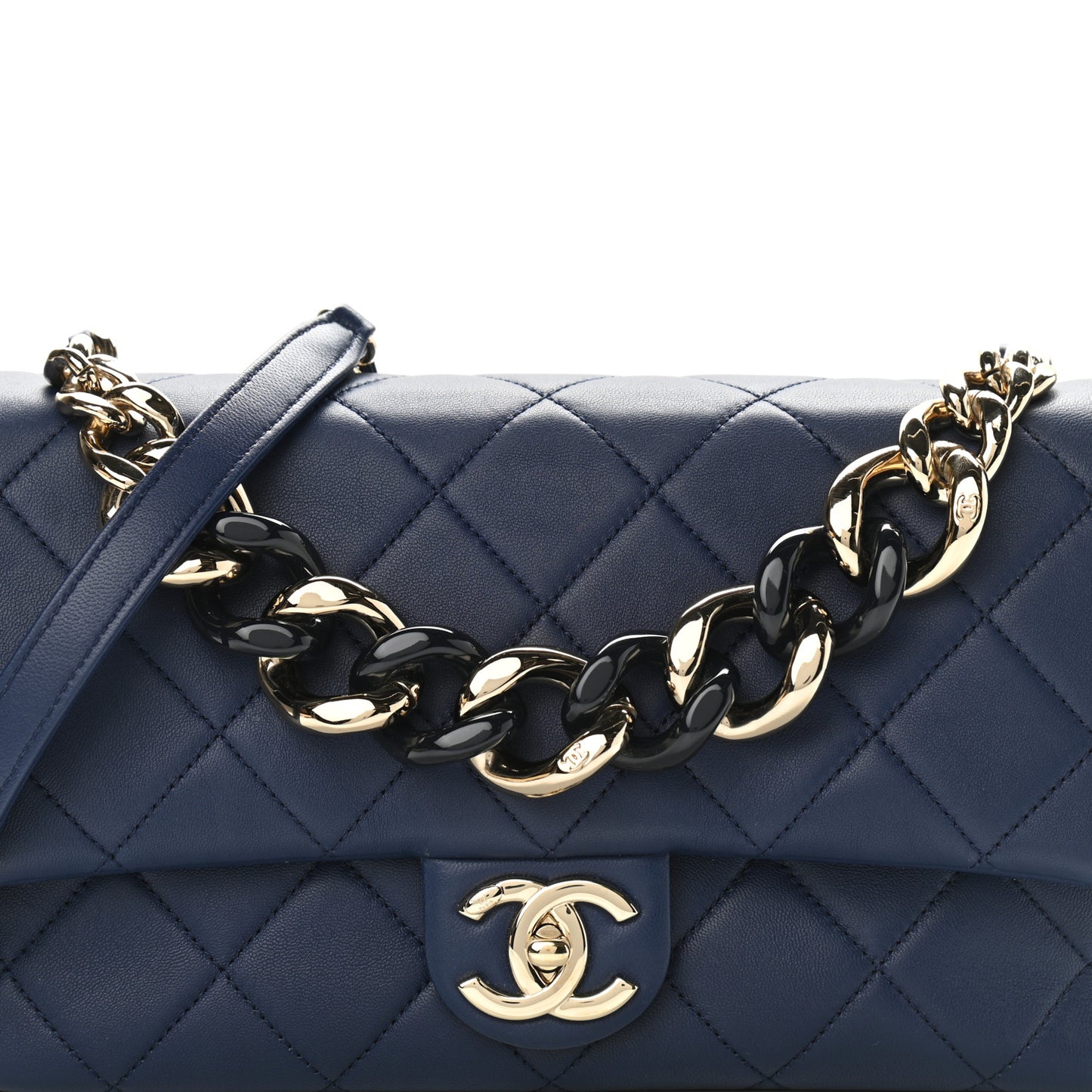 Lambskin Quilted Resin Bi-Color Chain Flap Bag Navy