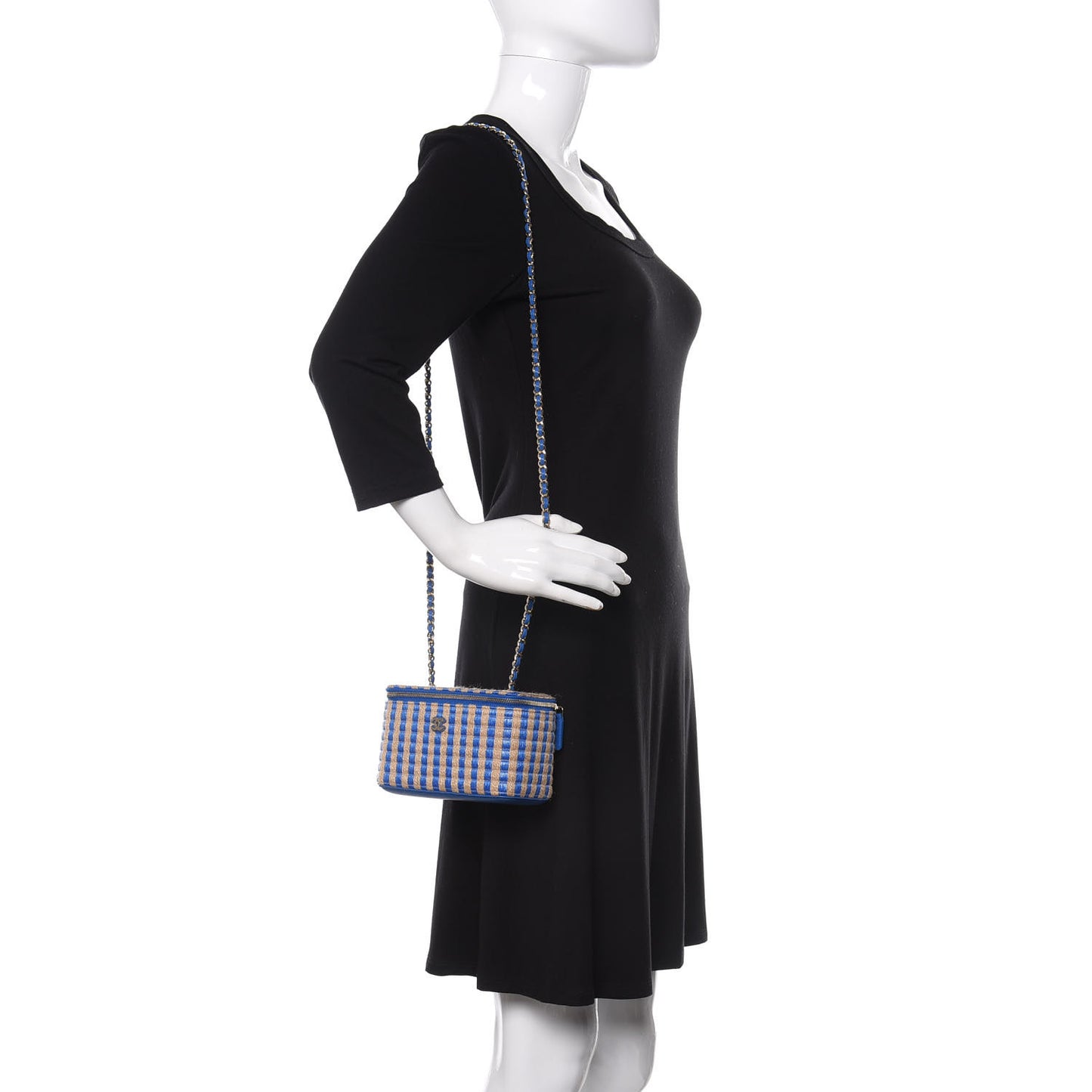 Raffia Jute Striped Small Vanity Case With Chain Blue Beige