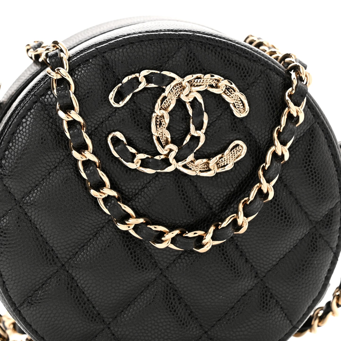 Caviar Quilted French New Wave Round Clutch With Chain Black