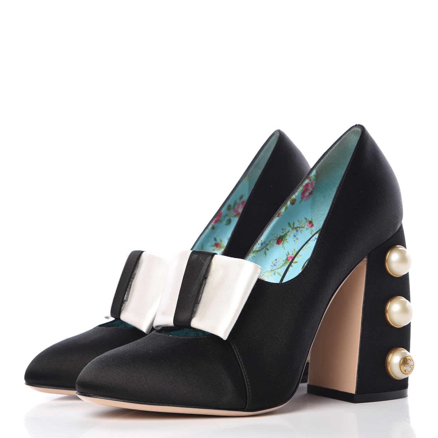 Gucci Silk Satin Pearl Studded Luna Bow Pumps 39 Black Gold Beige 3 of 12