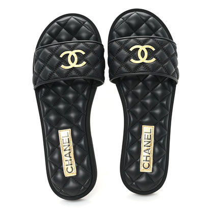 Chanel Lambskin Quilted Textured CC Mules Sandals 38.5 Black 2 of 9