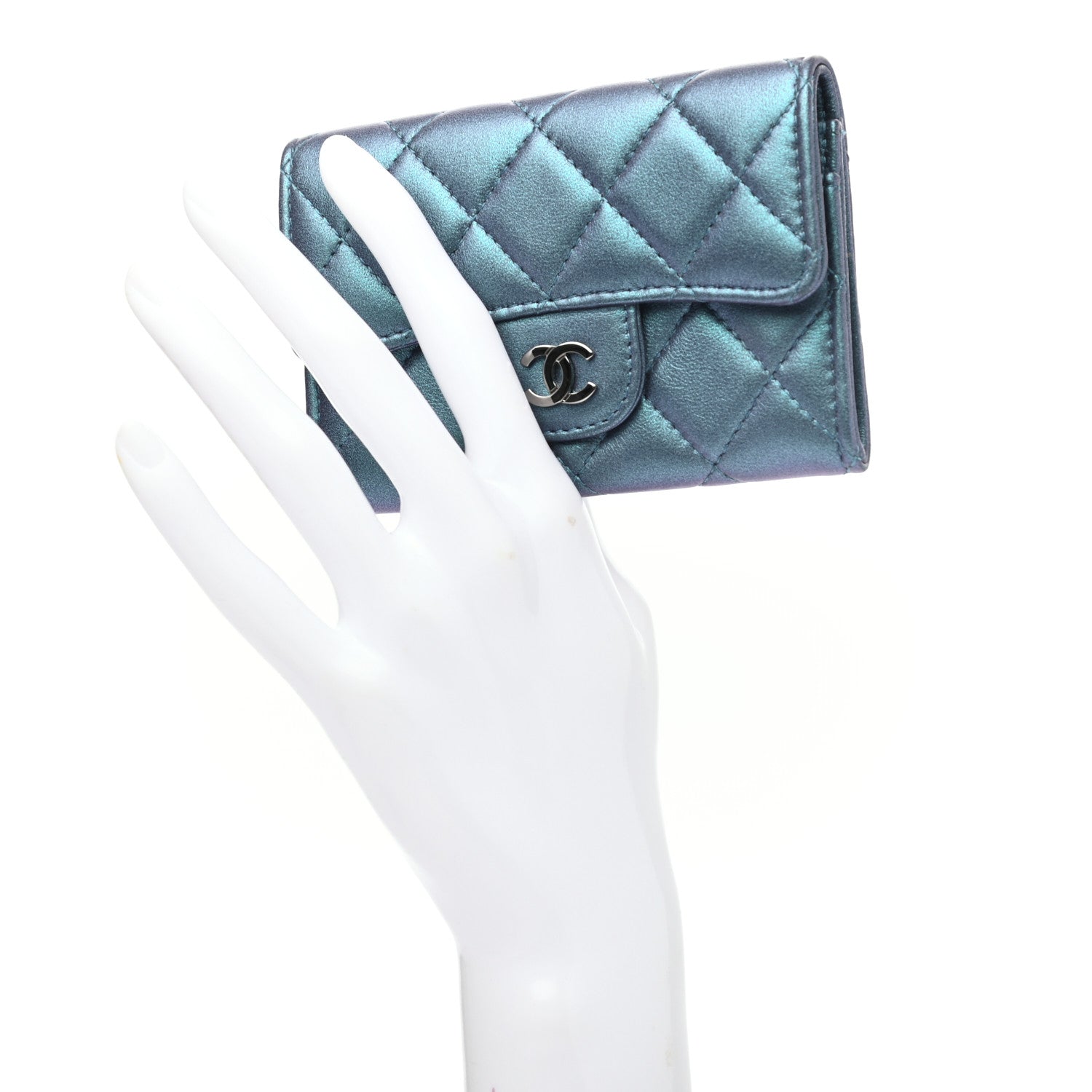Chanel Iridescent Lambskin Quilted Flap Card Holder Turquoise 4 of 16