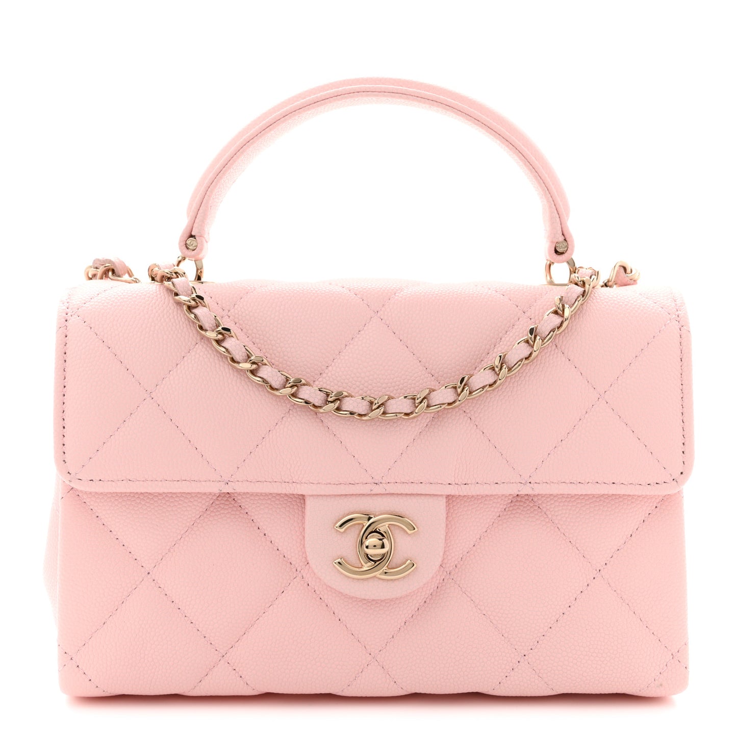 Caviar Quilted Retro Mini Twist Top Handle Clutch Flap Light Pink