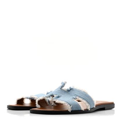 Hermes Denim Oran Fringe Sandals 37 Bleu Clair 4 of 10