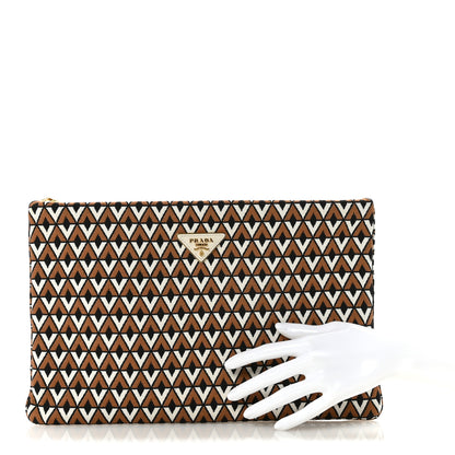 Prada Tessuto Jacquard Printed Large Clutch Brown Black White 2 of 6