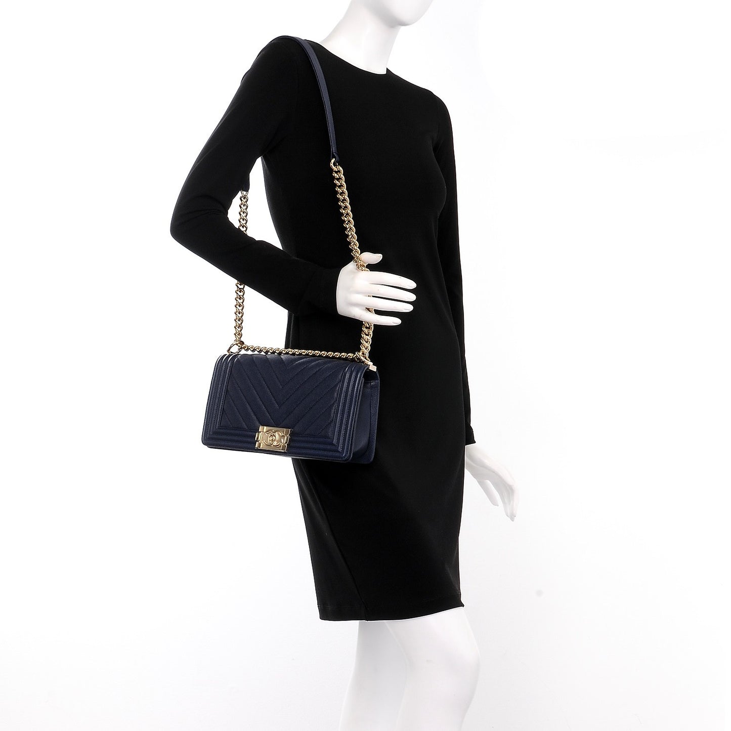 Caviar Chevron Quilted Medium Boy Flap Navy