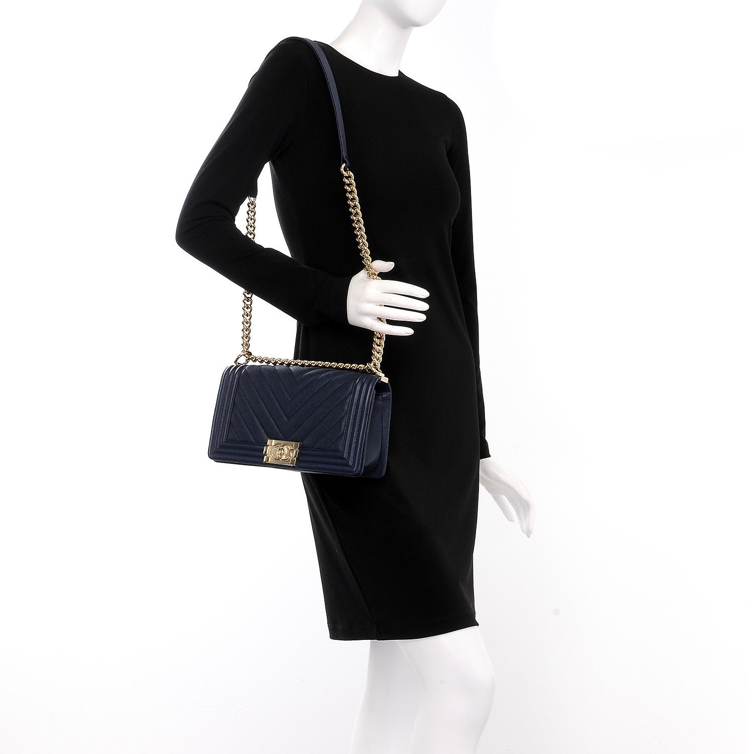 Chanel Caviar Chevron Quilted Medium Boy Flap Navy 3 of 9