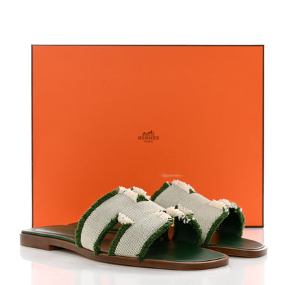 Hermes Calfskin Canvas Oran Fringe Sandals 37 Vert 9 of 9