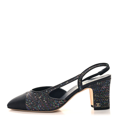 Chanel Glitter Grosgrain Cap Toe CC Slingback Pumps 41.5 Black Multicolor 1 of 10
