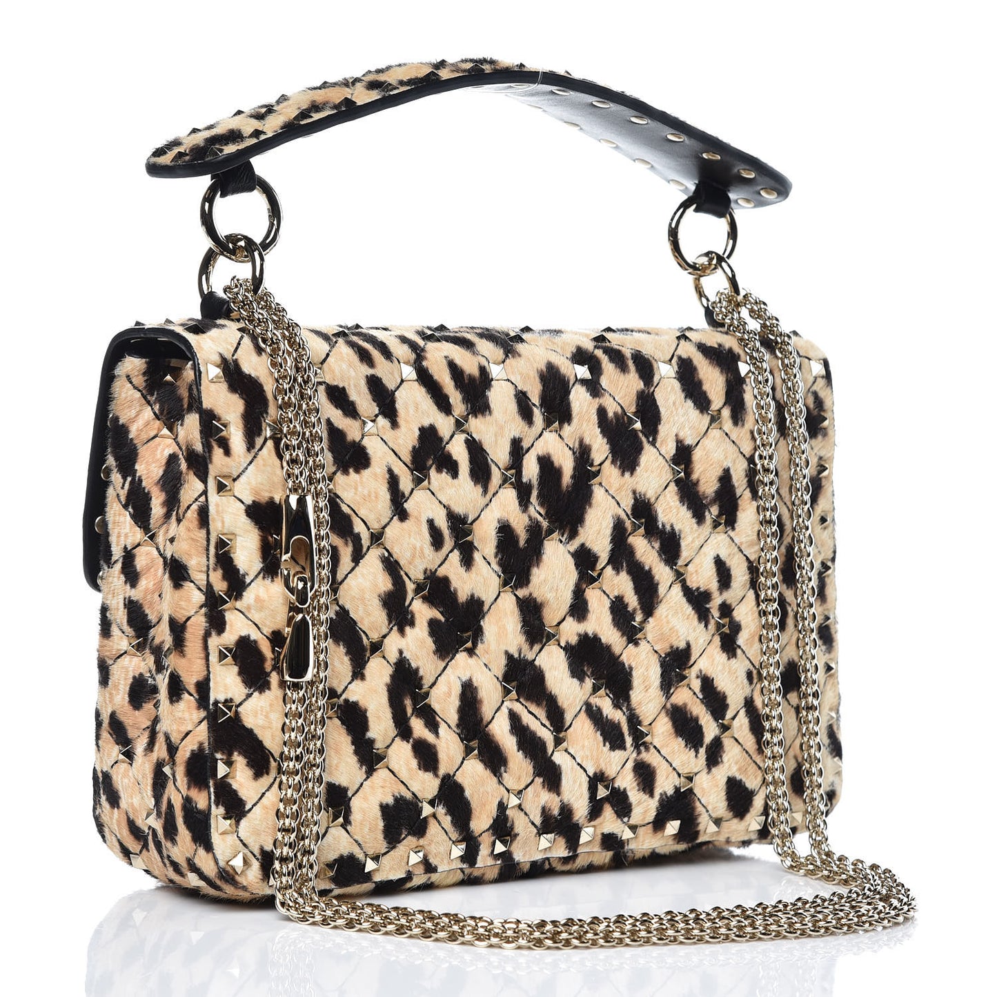Calf Hair Leopard Print Medium Rockstud Spike Shoulder Bag