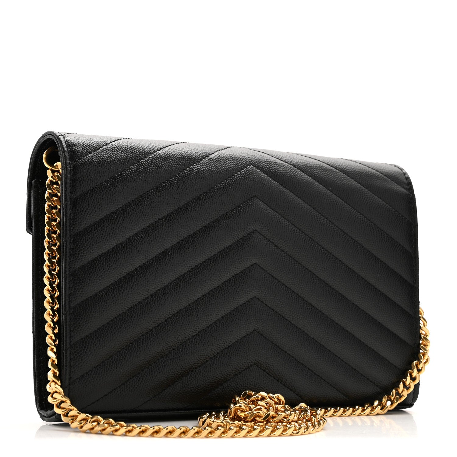 Saint Laurent Grain De Poudre Matelasse Chevron Monogram Chain Wallet Black 3 of 12