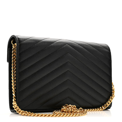 Saint Laurent Grain De Poudre Matelasse Chevron Monogram Chain Wallet Black 3 of 12