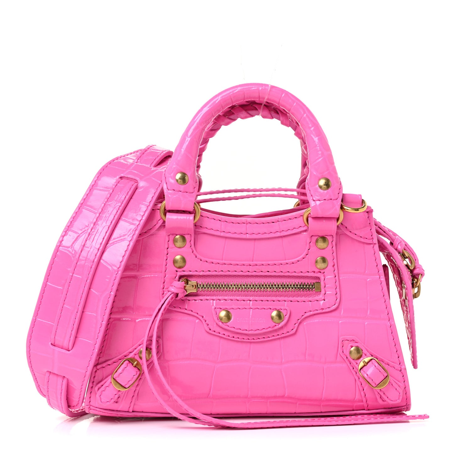 Calfskin Crocodile Embossed Neo Classic Gold Hardware Nano City Crossbody Neon Pink