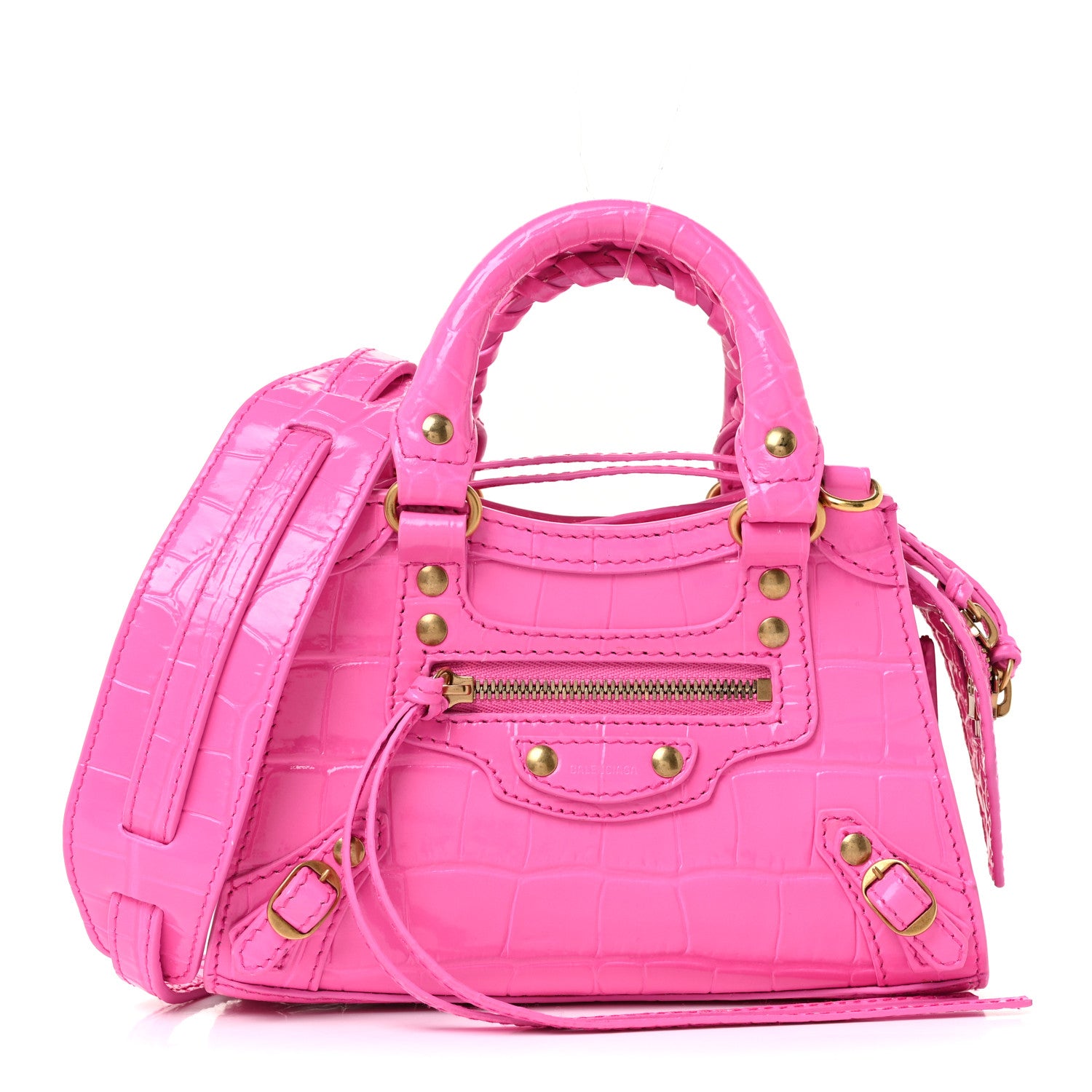 Balenciaga Calfskin Crocodile Embossed Neo Classic Gold Hardware Nano City Crossbody Neon Pink 1 of 22