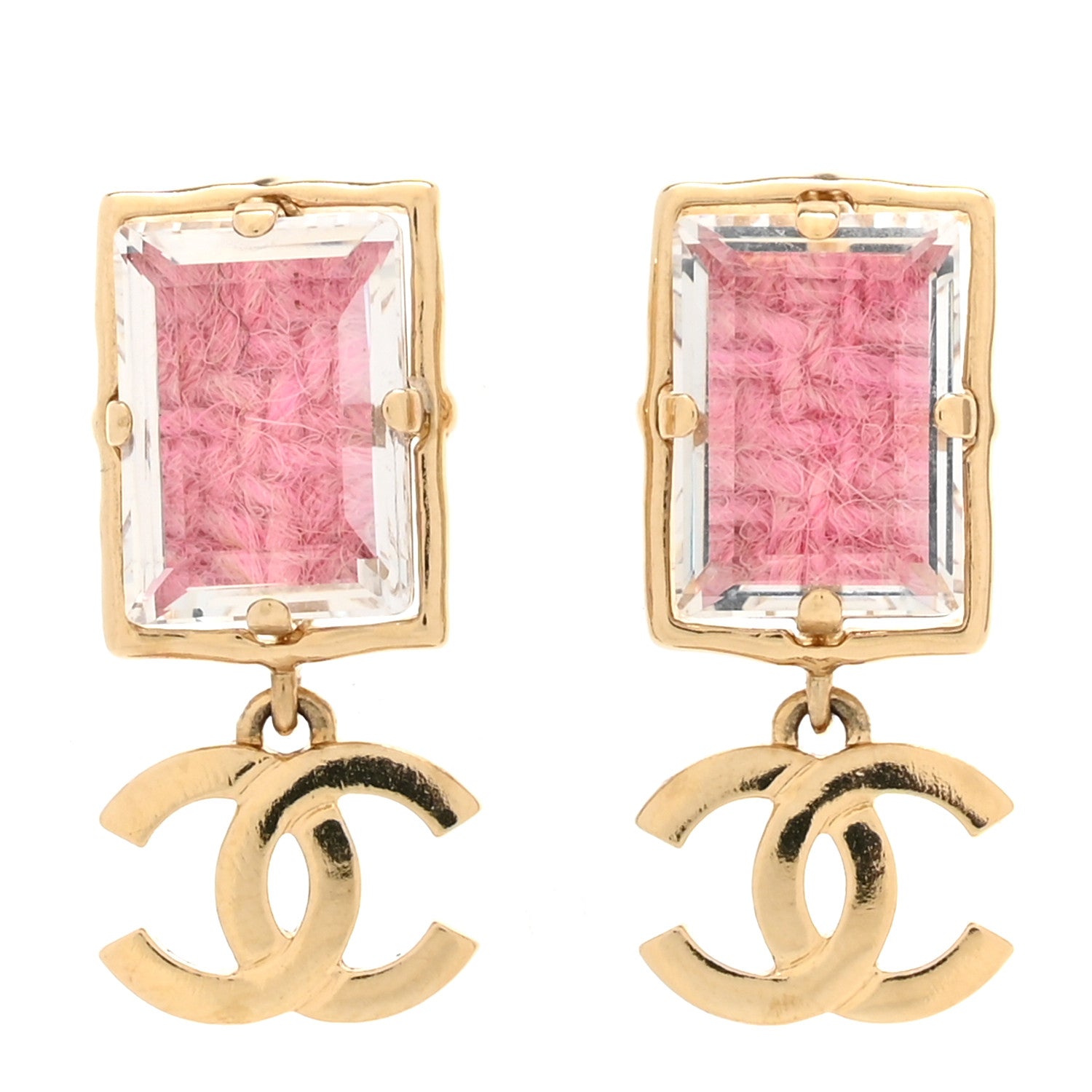 Chanel Crystal Tweed CC Drop Earrings Pink Gold 1 of 5