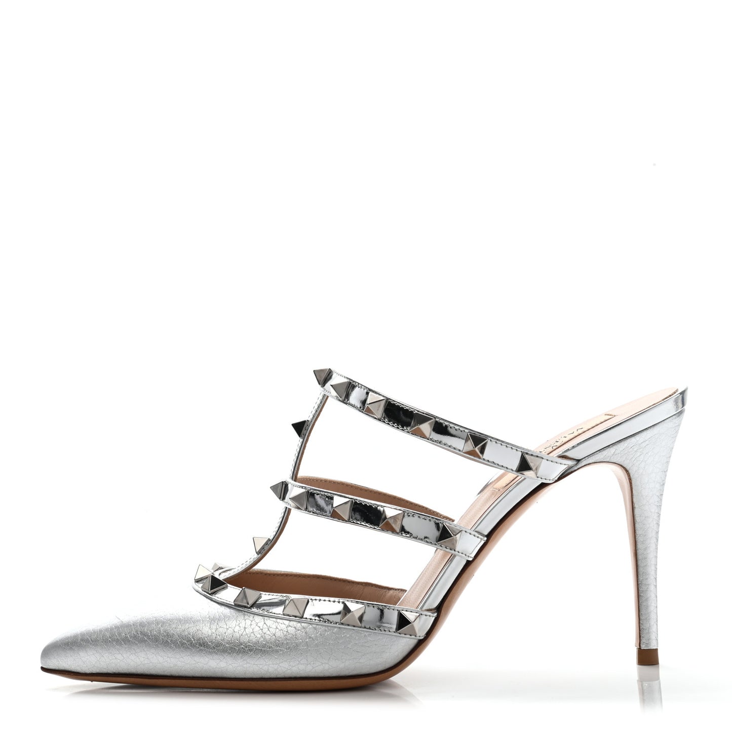 Metallic Pebbled Calfskin Rockstud 90mm Cage Mules 39 Silver