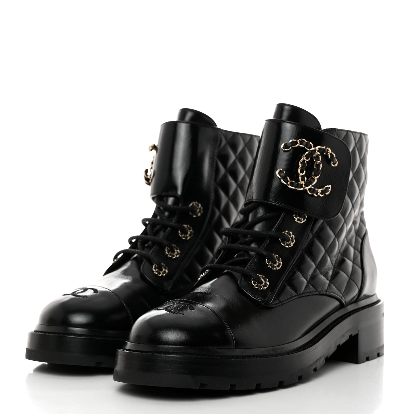 Shiny Calfskin Quilted Lace Up Combat Boots 40.5 Black