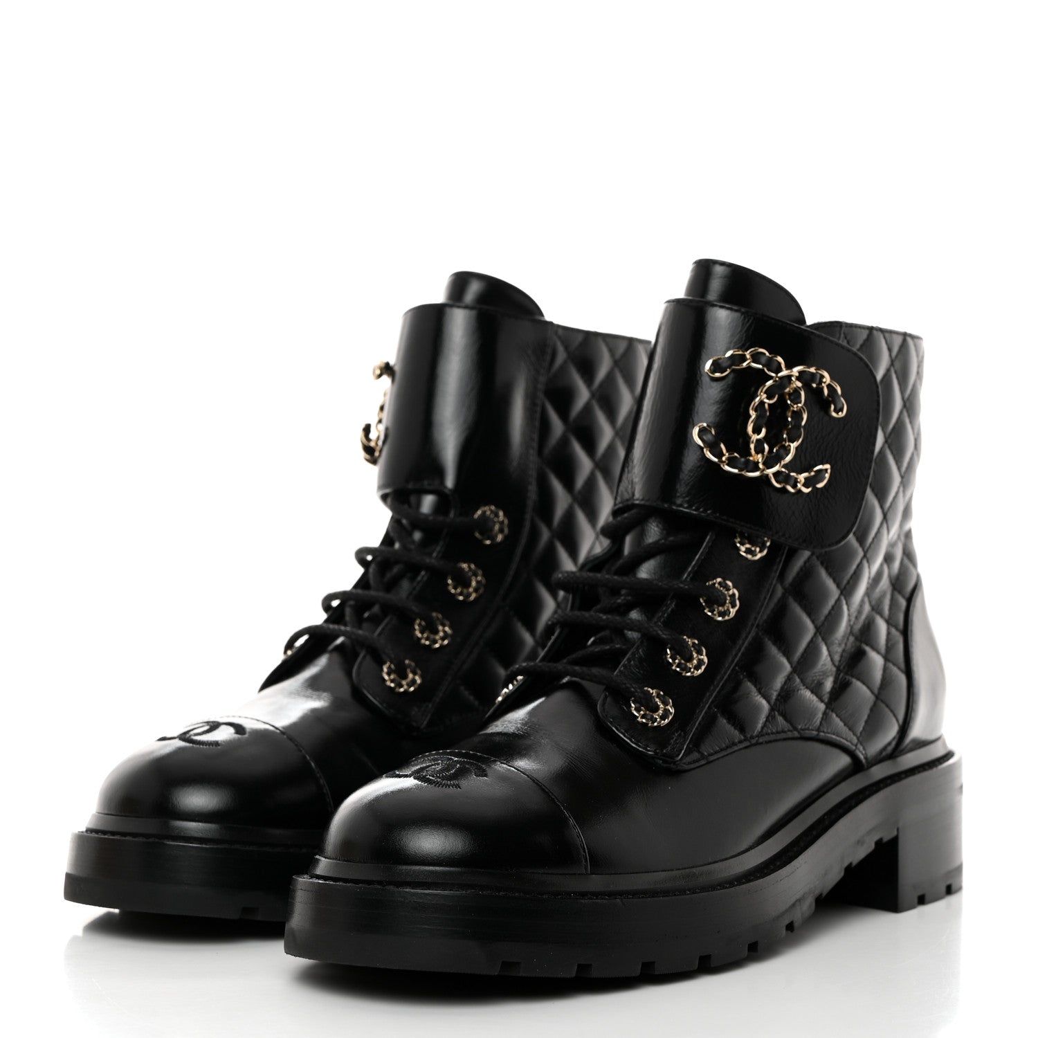 Chanel Shiny Calfskin Quilted Lace Up Combat Boots 40.5 Black 3 of 9