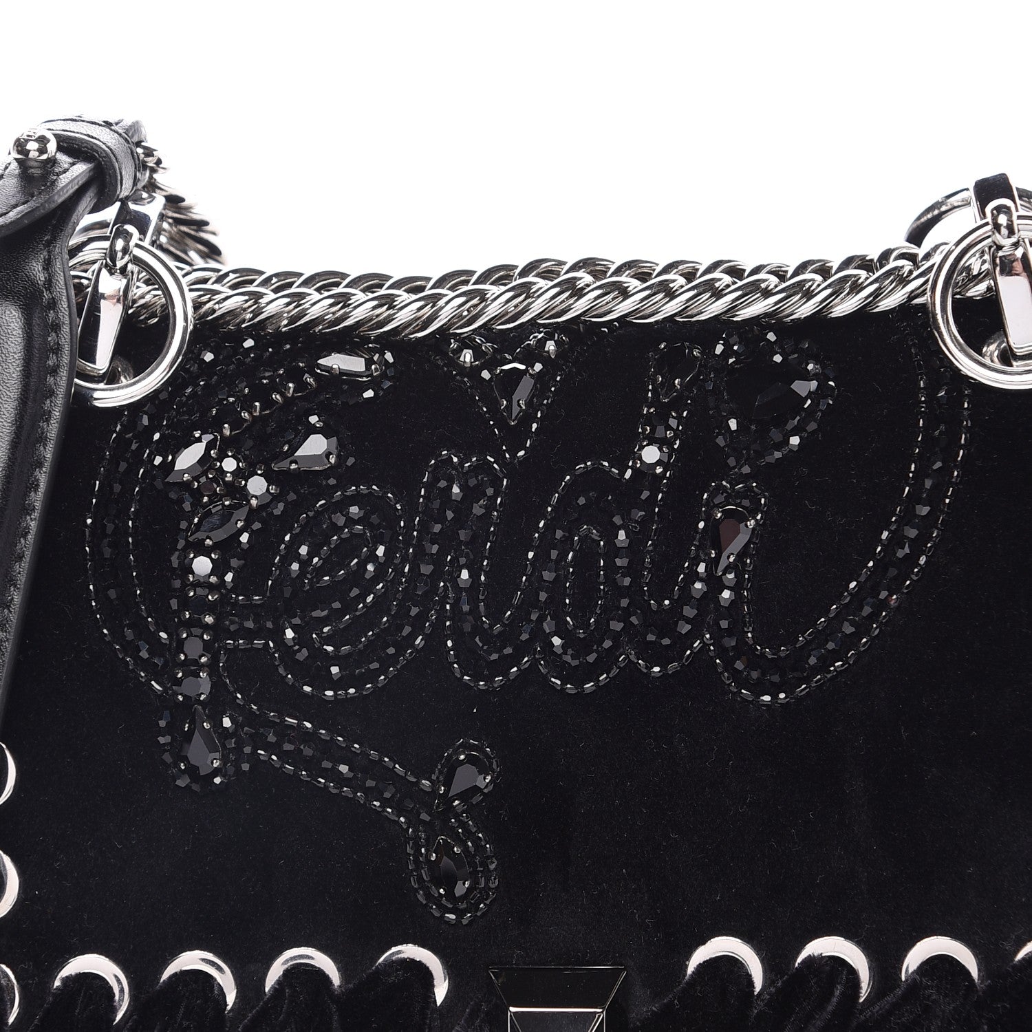 Fendi Velvet Vitello Liberty Crystal Logo Lace Up Small Kan I Shoulder Bag Black 8 of 8