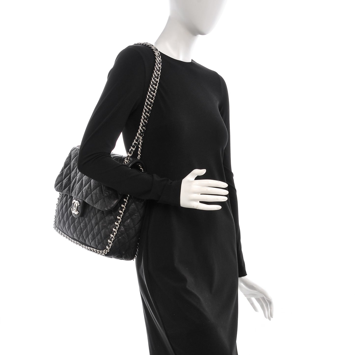 Washed Lambskin Quilted Maxi Chain Around Flap Black