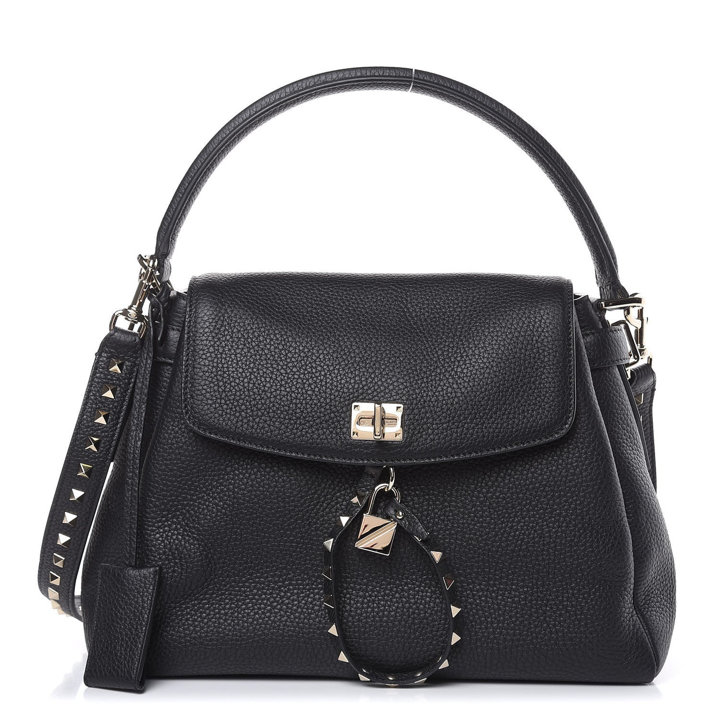 Grained Lagun Calfskin Rockstud Twiny Top Handle Bag Black