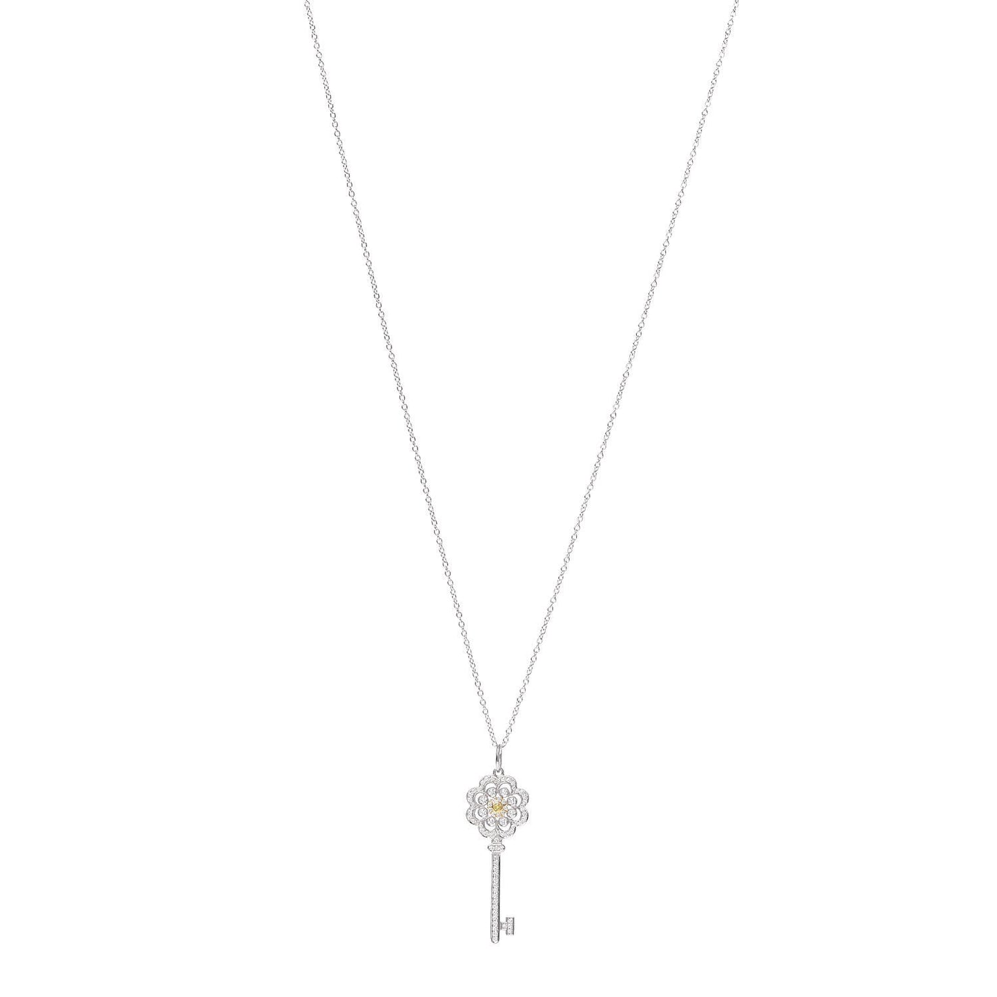 Platinum 18K White Yellow Gold Diamond Fancy Yellow Diamond Rose Key Pendant Necklace
