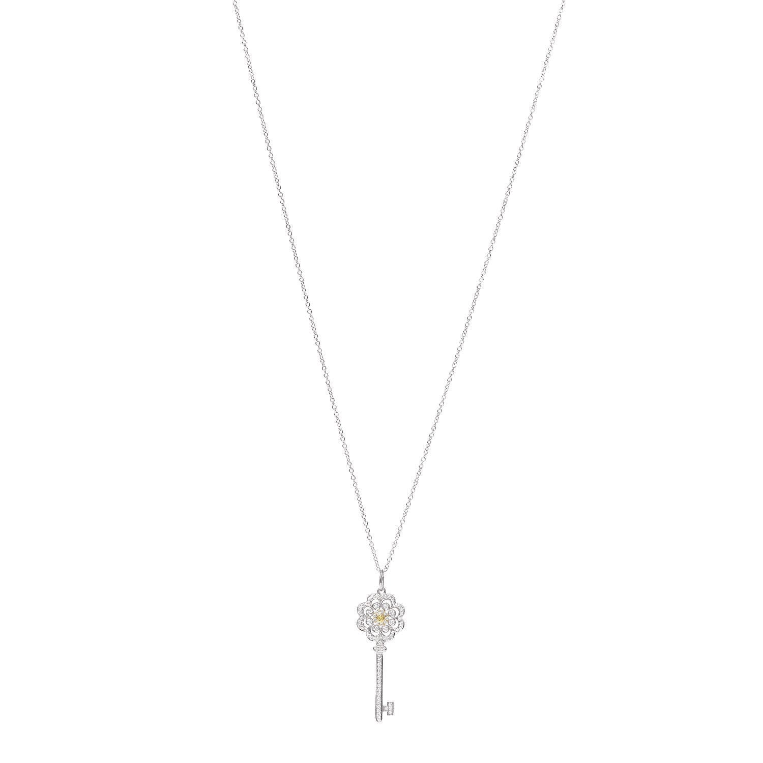 Tiffany Platinum 18K White Yellow Gold Diamond Fancy Yellow Diamond Rose Key Pendant Necklace 1 of 7