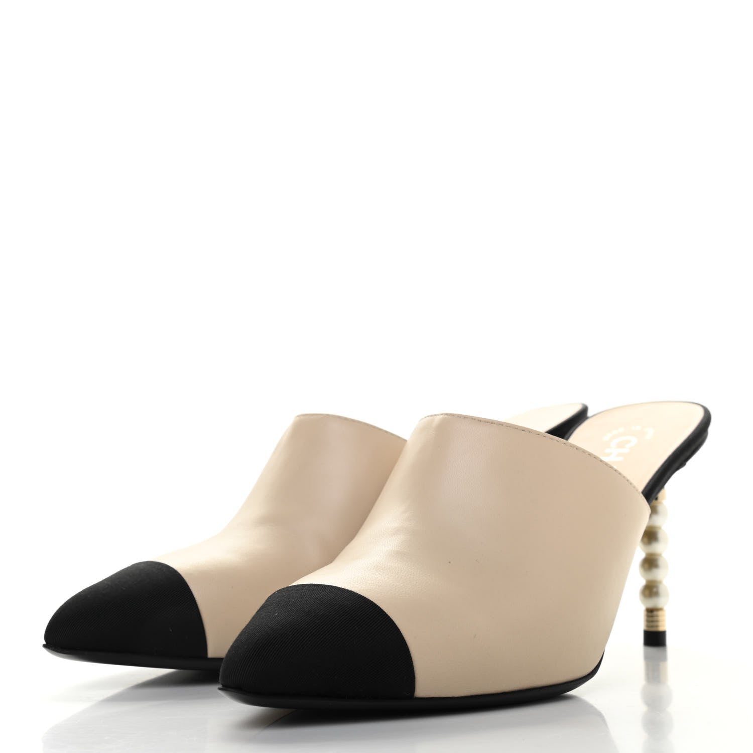 Chanel Lambskin Grosgrain Cap Toe Pearl Mule 38 Beige Black 3 of 8