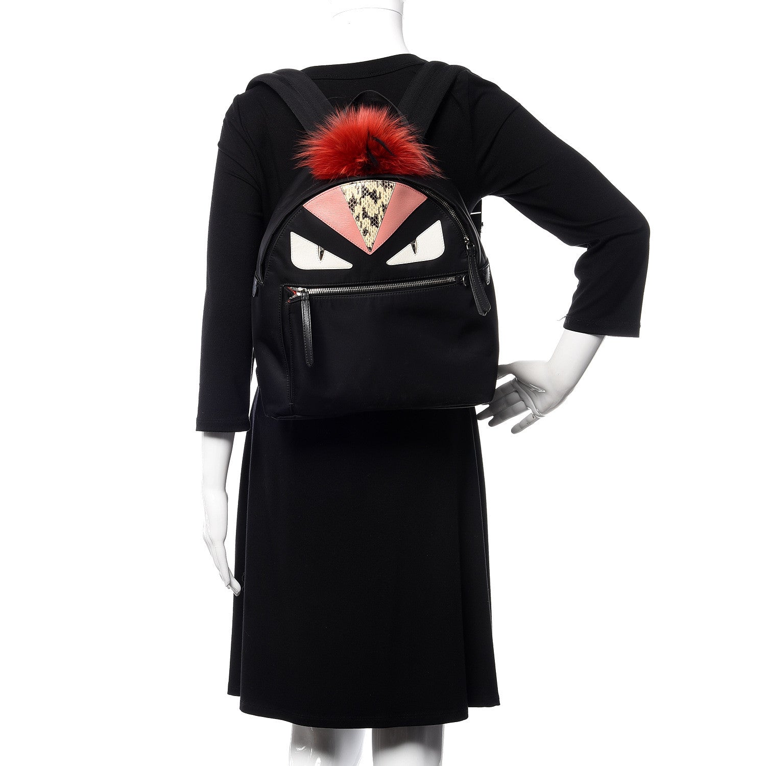 Fendi Nylon Vitello Dolce Elaphe Fox Fur Monster Eyes Backpack Black Natural Bordeaux Multicolor 2 of 11