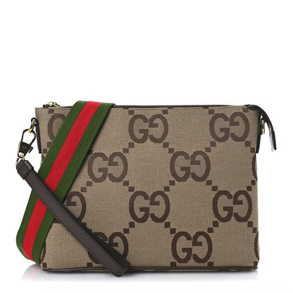 Gucci Monogram Jumbo GG Textured Dollar Calfskin Web Wristlet Messenger Bag Camel Ebony New Acero 1 of 12
