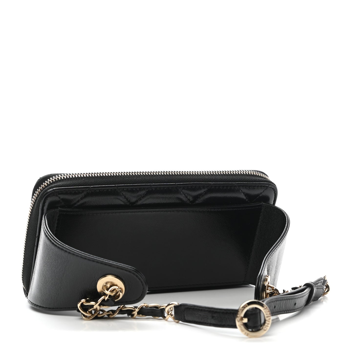 Shiny Lambskin Gusset Zip Around Waist Belt Wallet Black