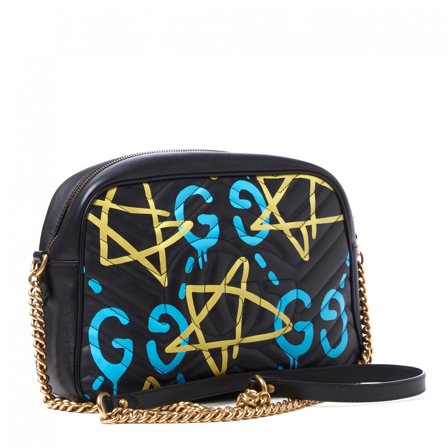 Calfskin Matelasse GucciGhost Medium GG Marmont Chain Shoulder Bag Black New Acquamarine