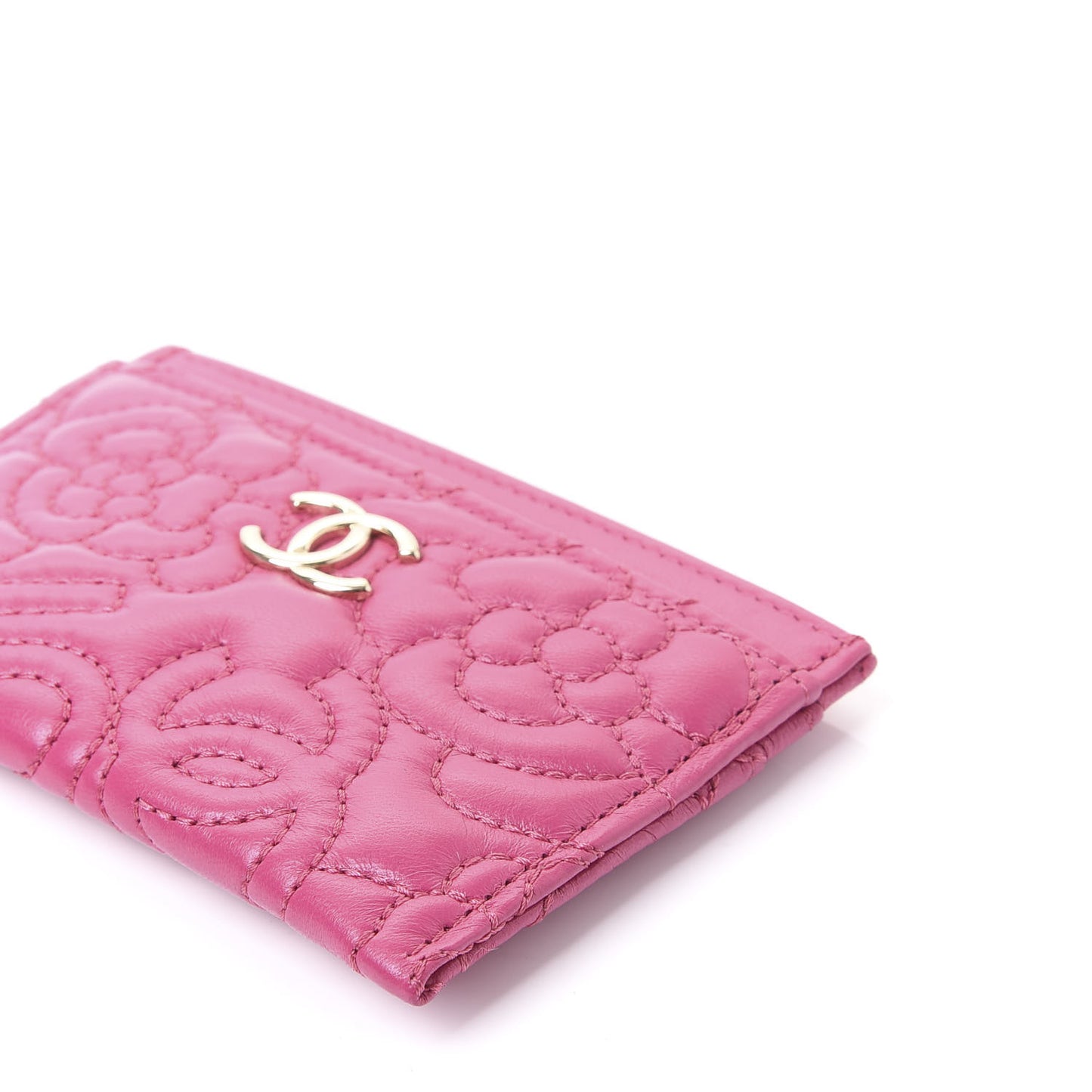 Lambskin Camellia Embossed Card Holder Fuchsia
