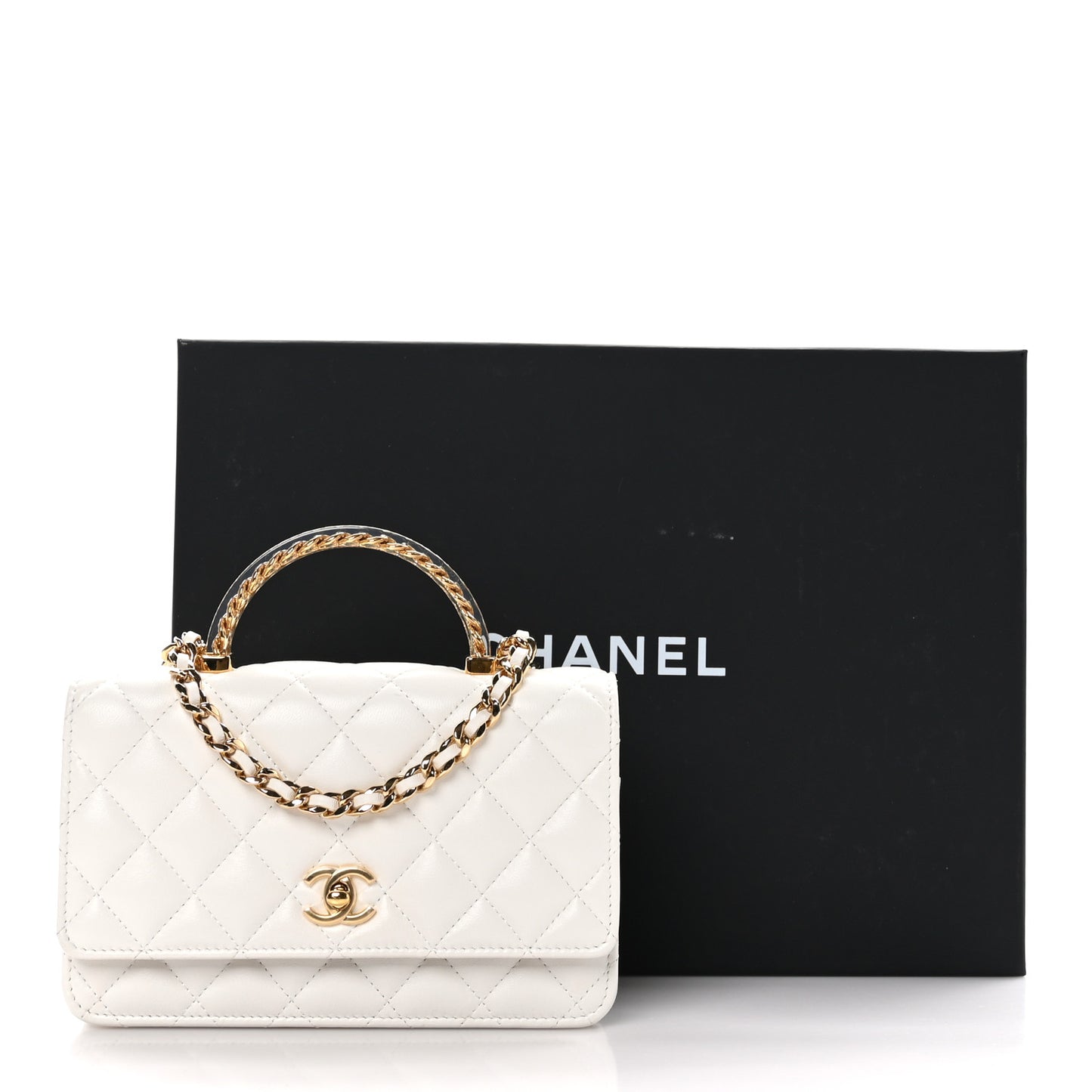 Lambskin Quilted Resin Chain Top Handle Wallet On Chain WOC White