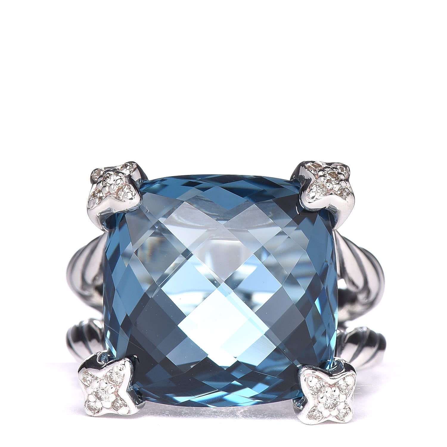 David Yurman Sterling Silver Diamond Hampton Blue Topaz 15mm Cushion On Point Ring 53 6.5 1 of 5