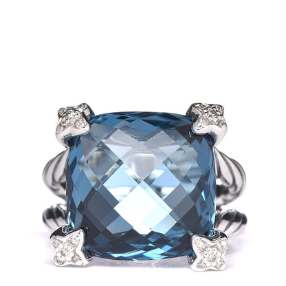 David Yurman Sterling Silver Diamond Hampton Blue Topaz 15mm Cushion On Point Ring 53 6.5 1 of 5