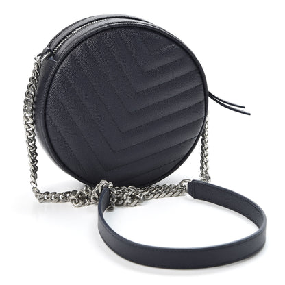 Saint Laurent Grain De Poudre Matelasse Chevron Quilted Round Vinyle Camera Bag Deep Marine 2 of 8