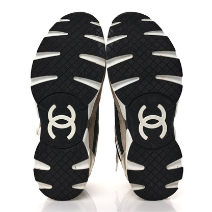 Chanel Mesh Suede Calfskin Womens CC Sneakers 38.5 White Black Beige Gold 5 of 11