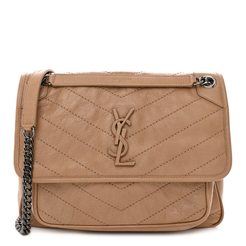 Crinkled Calfskin Matelasse Monogram Medium Niki Chain Satchel Dark Toffee
