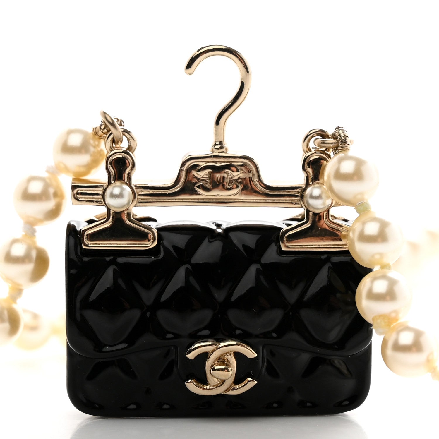 Chanel Pearl Metal Resin Quilted Flap Bag Necklace Gold Black Pearly White 4 of 5