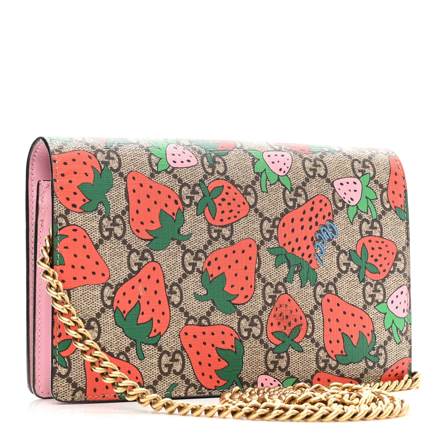GG Supreme Monogram Strawberry Chain Wallet