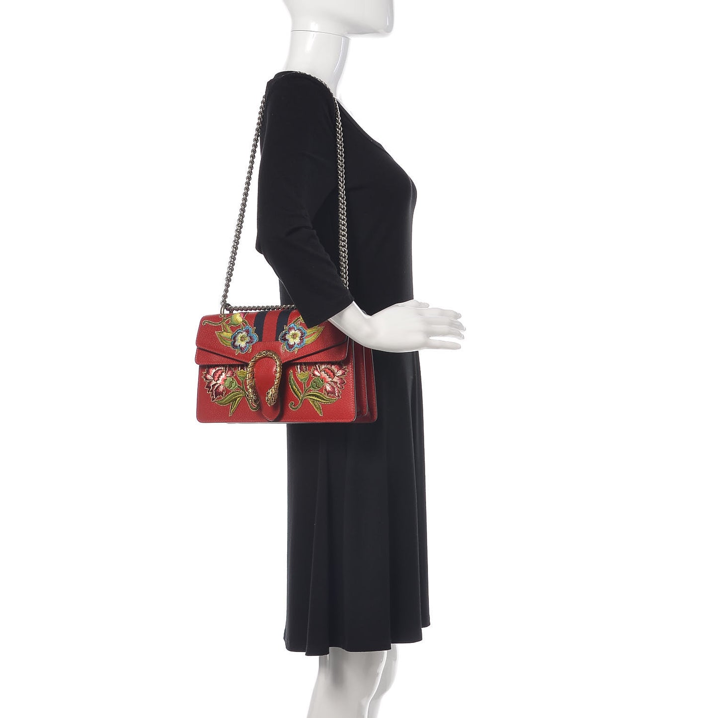 Calfskin Web Floral Embroidered Small Dionysus Shoulder Bag Hibiscus Red